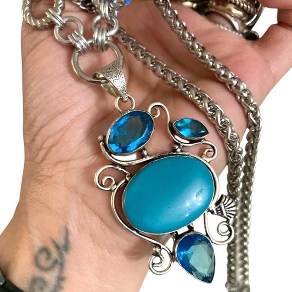 Blue topaz & blue agate turquoise color gemstone maille handmade boho necklace - Picture 3 of 15